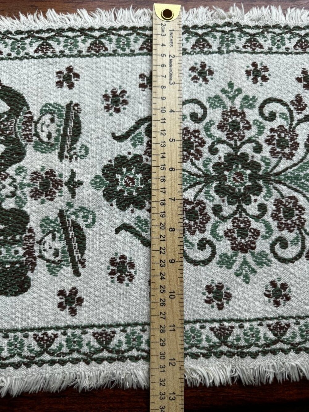 Vintage Austrian Alpine Folk Art Table Runner Cotton Linen 12x29 Green Fringe - Picture 6 of 6